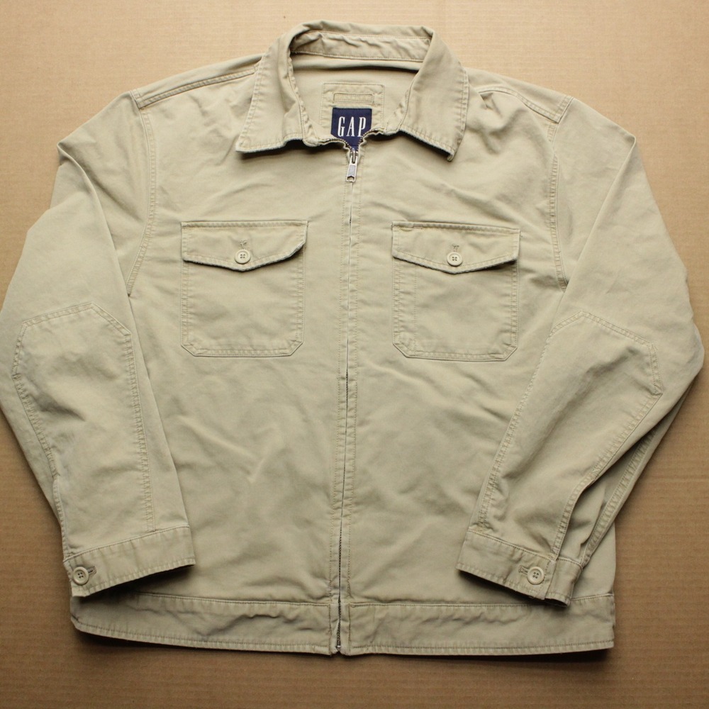 Vintage GAP Chore Jacket Mens XL Beige Long Sleeve Canvas Workwear Full Zip Coat